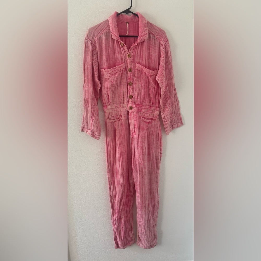 Free People Rose Pink Button-Front Textured Jumpsuit